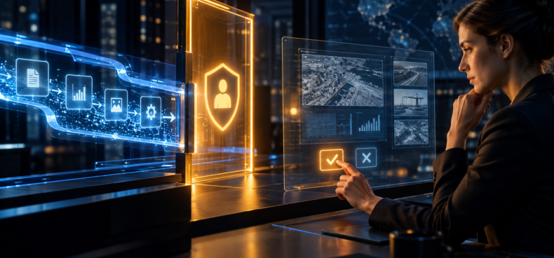 Profissional revisando e aprovando uma ação de inteligência artificial em um ponto de controle human-in-the-loop