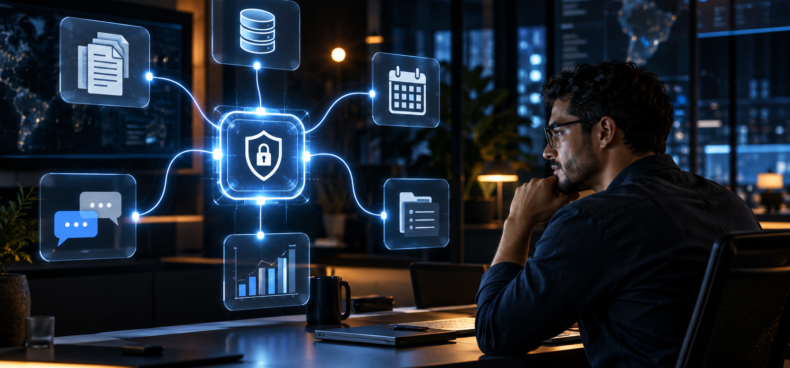 Profissional observando uma conexão segura entre inteligência artificial, documentos, banco de dados, calendário e ferramentas de trabalho