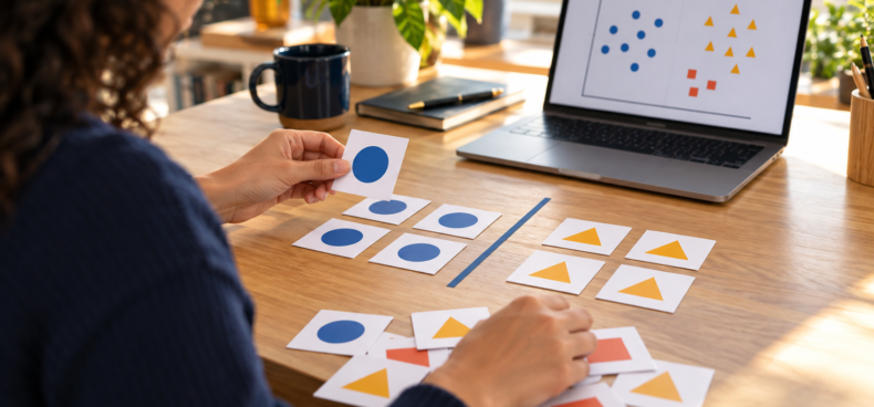 Pessoa organiza cartões com exemplos em grupos diante de um computador, representando o treinamento de um modelo de IA.
