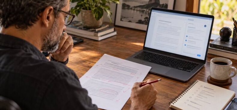 Profissional revisando um conteúdo produzido com apoio de inteligência artificial antes da publicação no WordPress