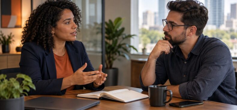 Profissionais conversando durante uma reunião de feedback no trabalho