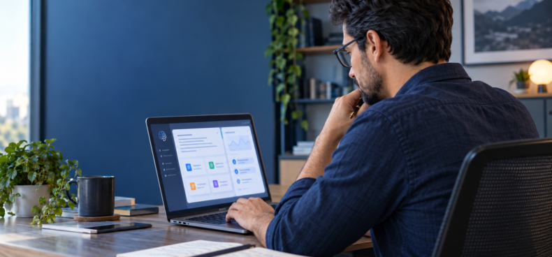 Profissional utilizando inteligência artificial para organizar informações e tarefas no trabalho