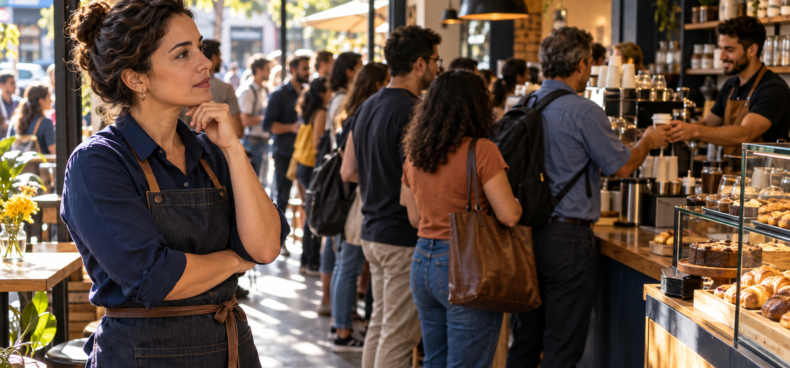 Gerente de cafeteria observa uma fila de clientes que se forma diante do balcão.