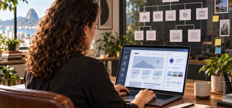Mulher criando um site institucional com inteligência artificial, vista por trás diante do notebook, com quadro de planejamento e o Pão de Açúcar ao fundo