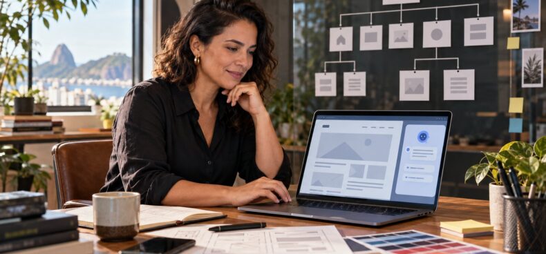 Profissional planejando a estrutura de um site institucional com apoio de inteligência artificial