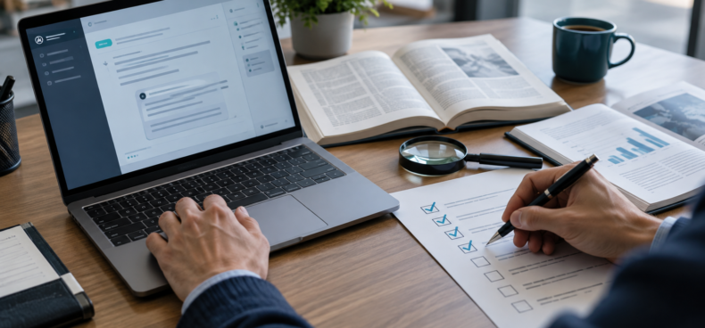 Profissional verificando uma resposta de inteligência artificial com checklist e fontes de consulta