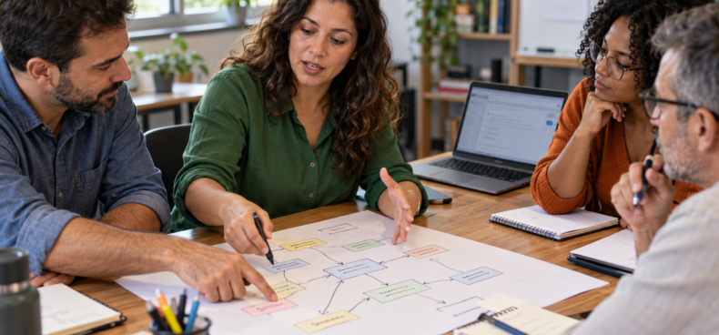 Participante explica um mapa conceitual em papel a um professor e dois colegas atentos, com um notebook como apoio à atividade.
