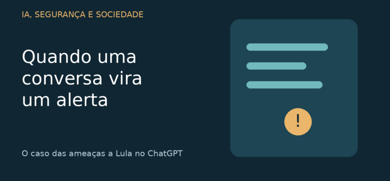Quando uma conversa vira um alerta — O caso das ameaças a Lula no ChatGPT. Ilustração de conversa digital e sinal de atenção.