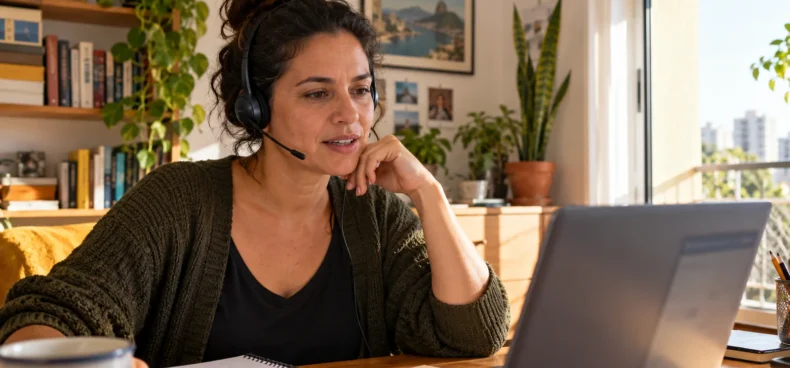 Cena fictícia de uma profissional com headset conversando diante de um computador em um escritório doméstico.