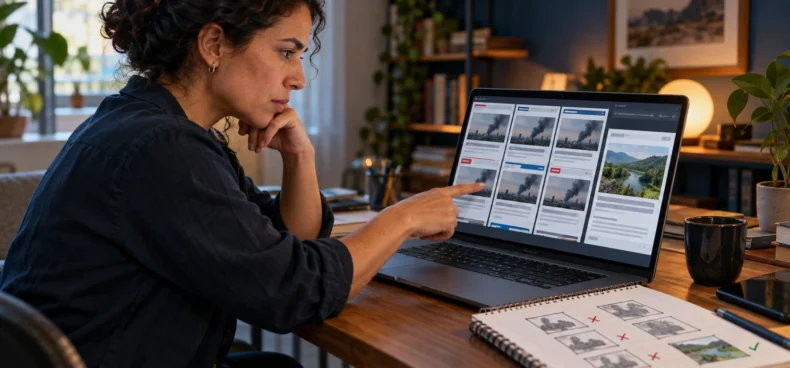 Mulher compara páginas de notícias com imagens repetidas e uma fonte diferente para verificar a credibilidade das informações.