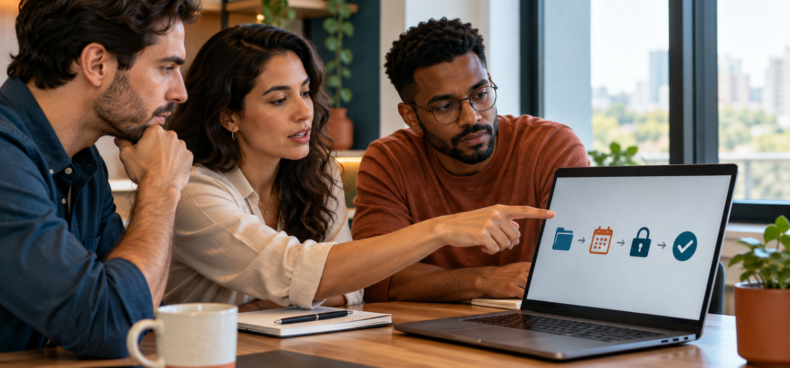 Equipe analisa permissões e etapas de aprovação de um agente de inteligência artificial no trabalho.