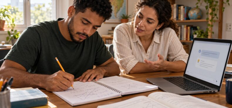 Adulto resolve um exercício no caderno enquanto uma professora acompanha seu raciocínio e um computador oferece apoio ao estudo.