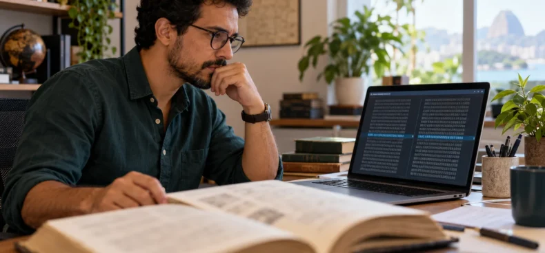 Pesquisador em cena conceitual comparando um manual com páginas desfocadas e sequências numéricas em um laptop, sem rótulos técnicos legíveis.