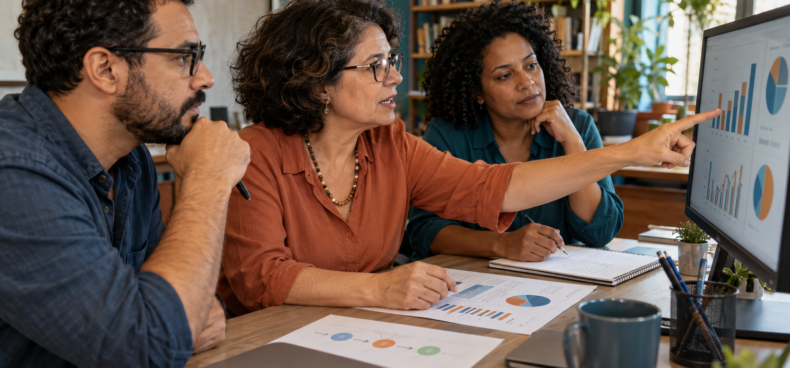 Professora e profissionais conferem um painel de dados no monitor e uma tabela impressa antes de compartilhar os resultados.