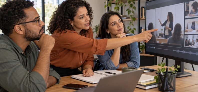 Professora e profissionais conferem juntos uma gravação de treinamento, relacionando a demonstração no monitor às anotações sobre a mesa.