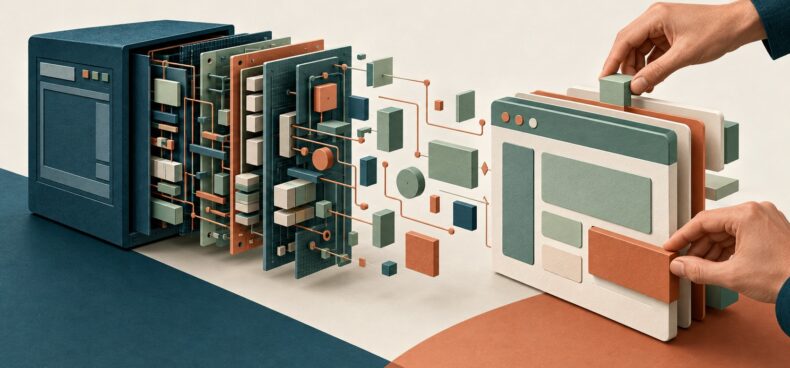 Ilustração conceitual gerada por IA: um bloco de software aberto revela componentes, enquanto mãos humanas montam uma nova aplicação.
