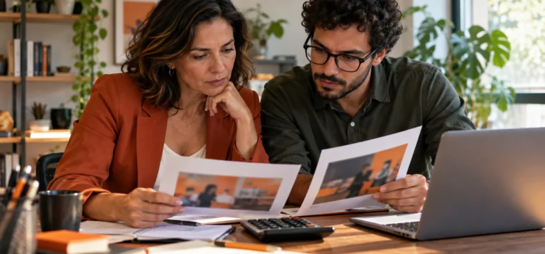 Dois profissionais analisam peças de campanha ao lado de uma calculadora e um notebook; cena fictícia ilustrativa.