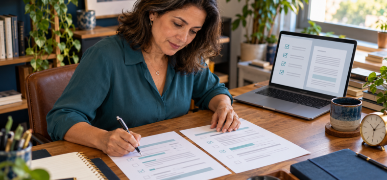 Profissional revisa duas folhas com listas de verificação, ao lado de um laptop e um relógio.