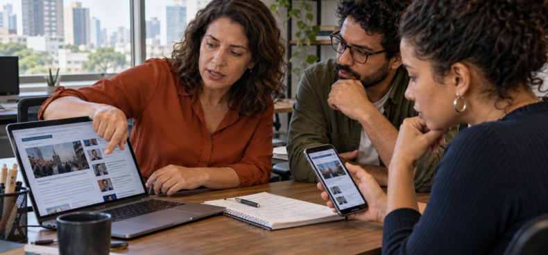 Mulher compara uma notícia no notebook com dois colegas atentos, enquanto uma participante confere a mesma informação no celular.
