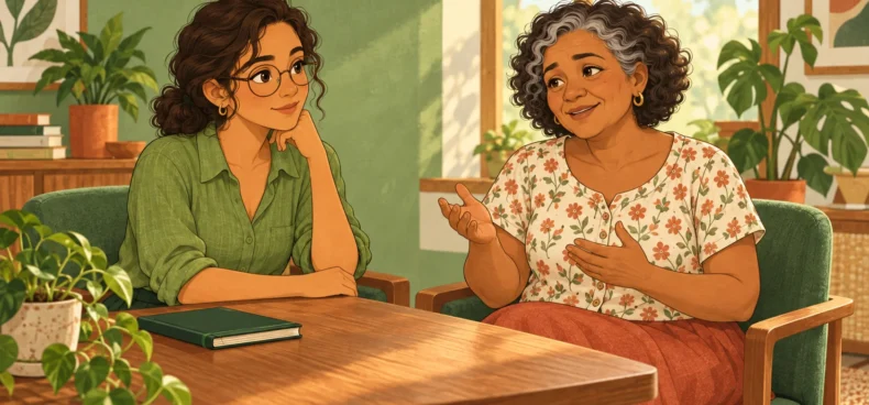 Helena escuta Dona Rosa, que fala diante de uma mesa com um caderno fechado.