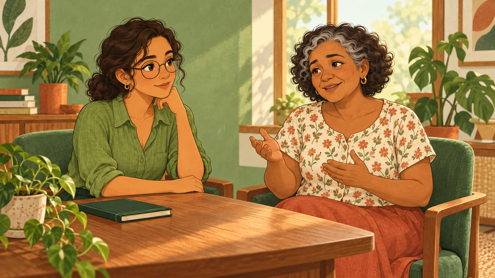 Helena escuta Dona Rosa, que fala diante de uma mesa com um caderno fechado.
