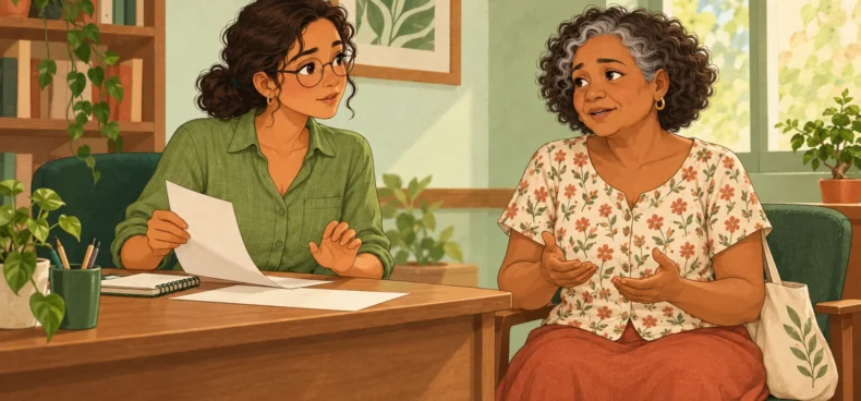 Helena pausa uma explicação e volta sua atenção a Dona Rosa, que começa a falar.