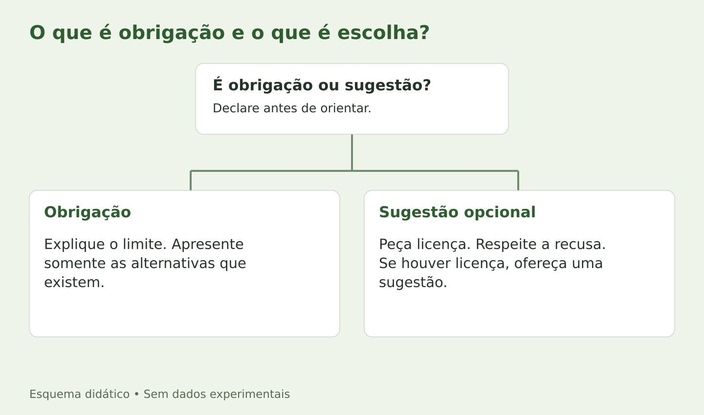 Se há obrigação da função, explique o limite e as alternativas reais. Se a sugestão é opcional, peça licença; uma recusa deve ser respeitada. Havendo licença, ofereça uma sugestão e pergunte o que não se encaixa.