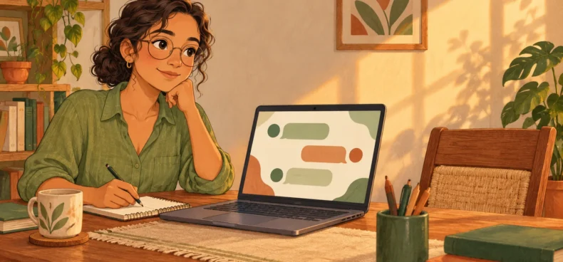 Helena prepara uma conversa diante de um notebook com balões abstratos e um caderno; há uma cadeira vazia do outro lado da mesa.