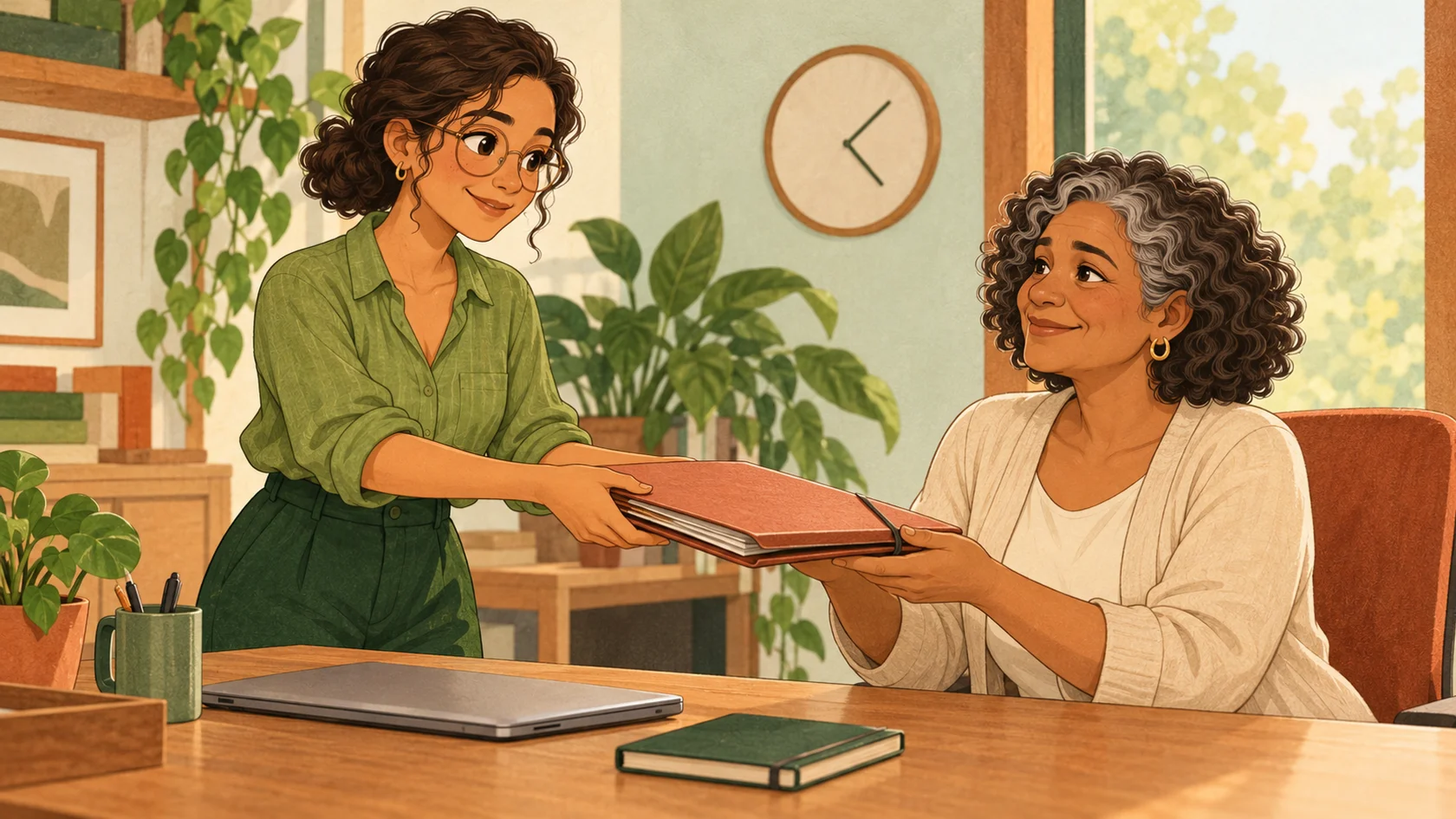 Helena entrega uma pasta organizada a Dona Rosa, representada com uma blusa clara, num espaço de trabalho.