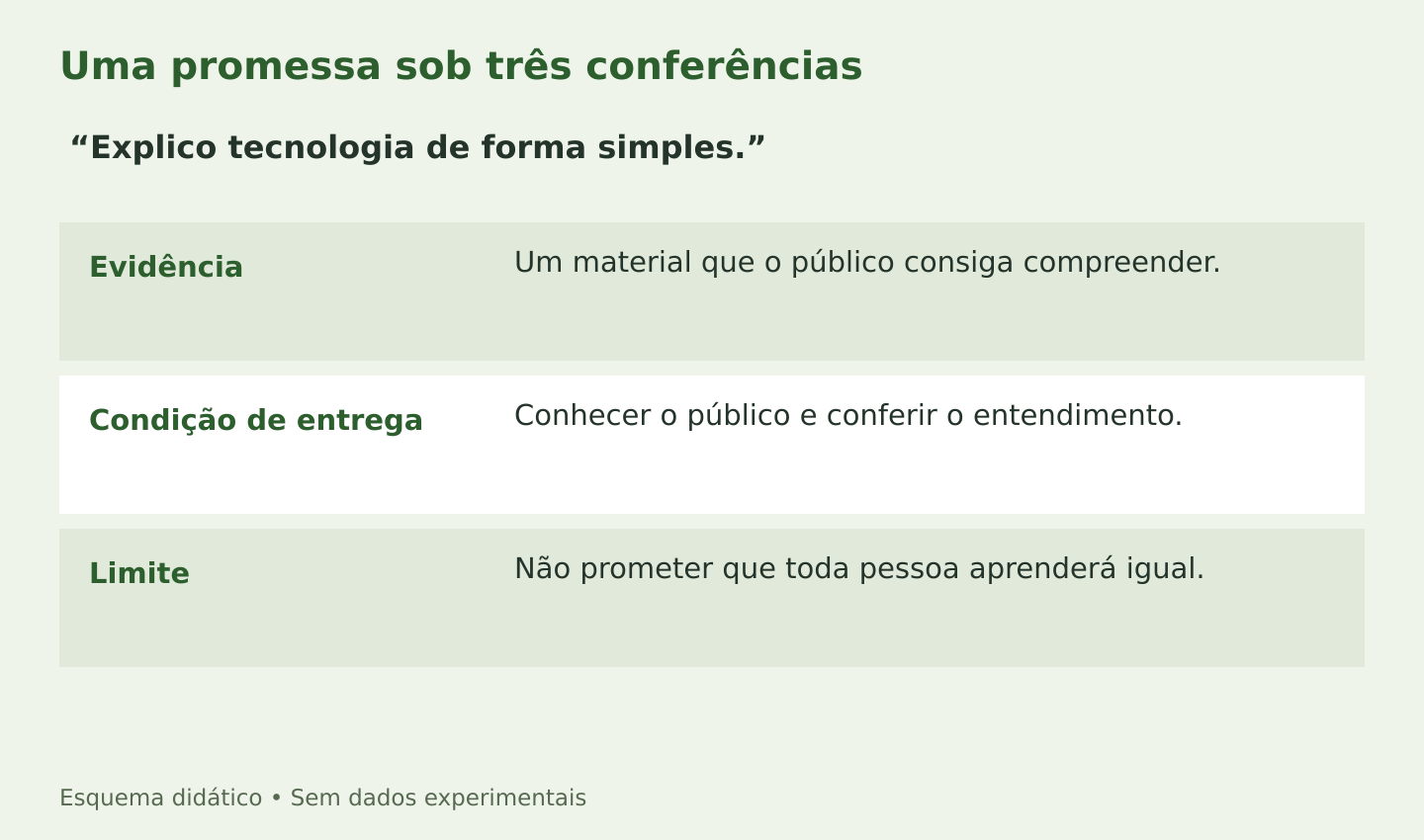 Para a promessa de explicar tecnologia de forma simples, procure evidência em um material compreensível, condições como conhecer o público e limite como não garantir aprendizagem igual para todos.