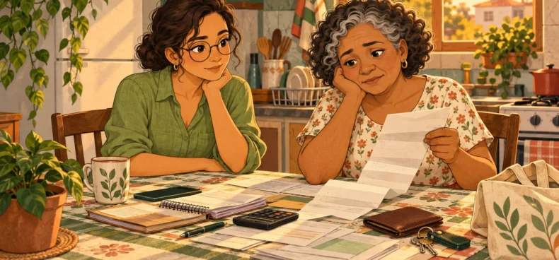 Helena ouve Dona Rosa à mesa da cozinha, diante de uma longa folha de orientações e objetos da rotina.