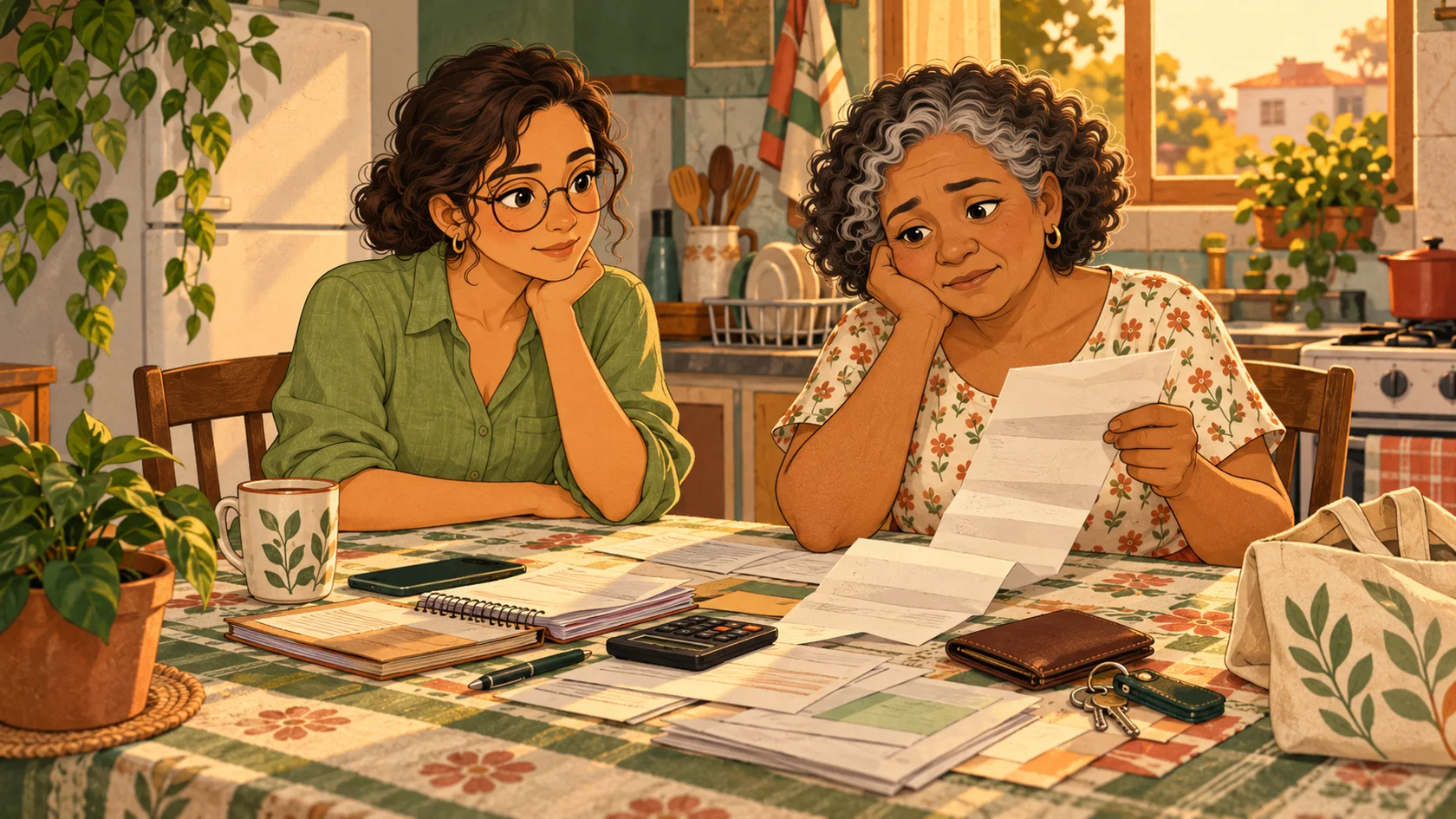 Helena ouve Dona Rosa à mesa da cozinha, diante de uma longa folha de orientações e objetos da rotina.