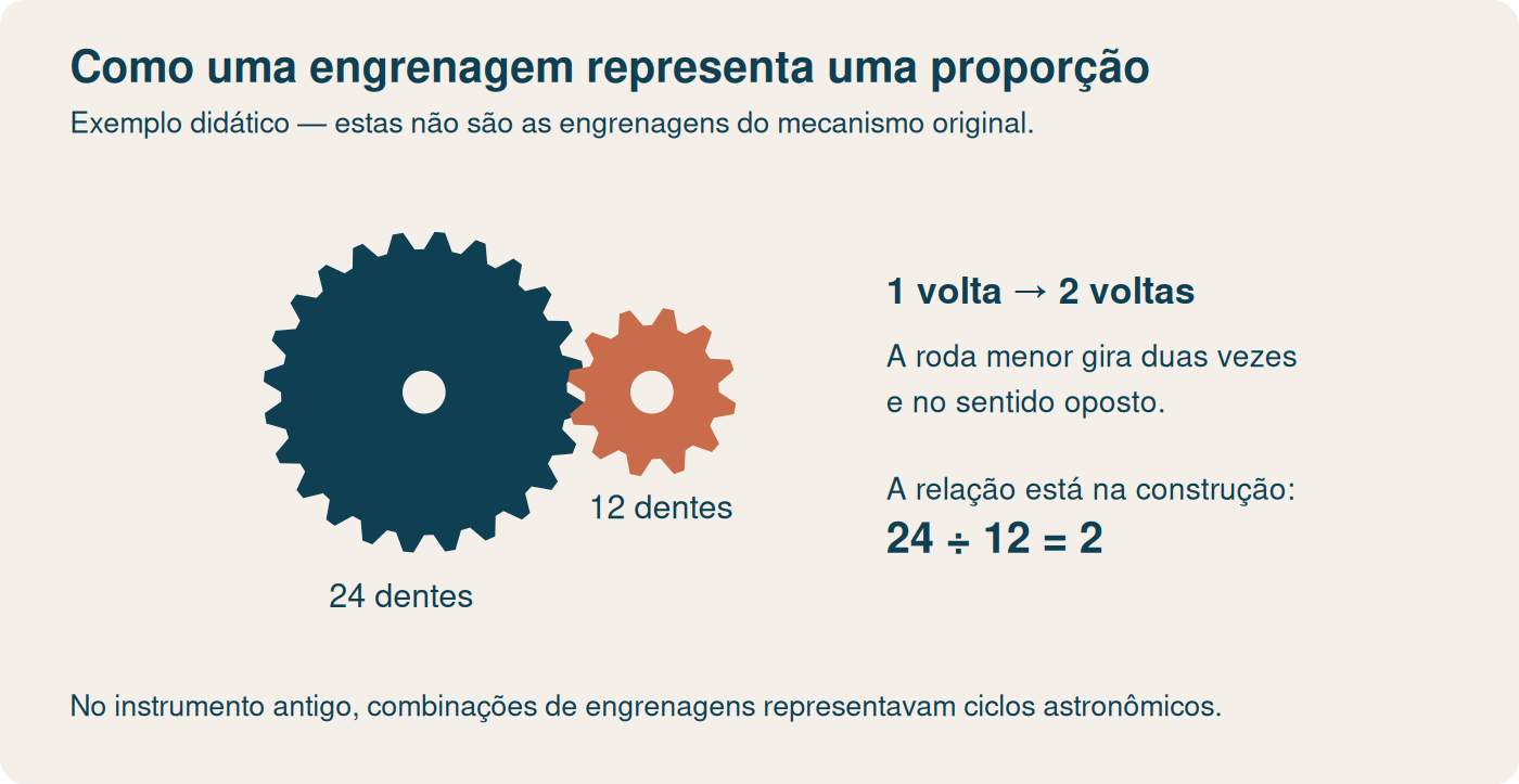 Uma roda de 24 dentes movimenta uma roda de 12 dentes: uma volta da maior corresponde a duas voltas da menor em sentido oposto.