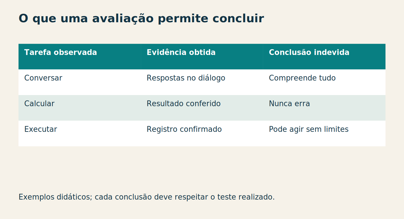 O que uma avaliação permite concluir Tarefa observada Evidência obtida Conclusão indevida Conversar Respostas no diálogo Compreende tudo Calcular Resultado conferido Nunca erra Executar Registro confirmado Pode agir sem limites Exemplos didáticos; cada conclusão deve respeitar o teste realizado.
