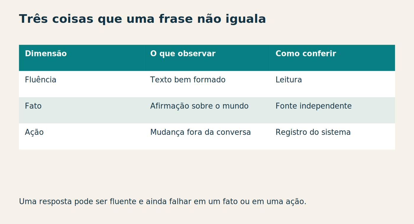 Três coisas que uma frase não iguala Dimensão O que observar Como conferir Fluência Texto bem formado Leitura Fato Afirmação sobre o mundo Fonte independente Ação Mudança fora da conversa Registro do sistema Uma resposta pode ser fluente e ainda falhar em um fato ou em uma ação.