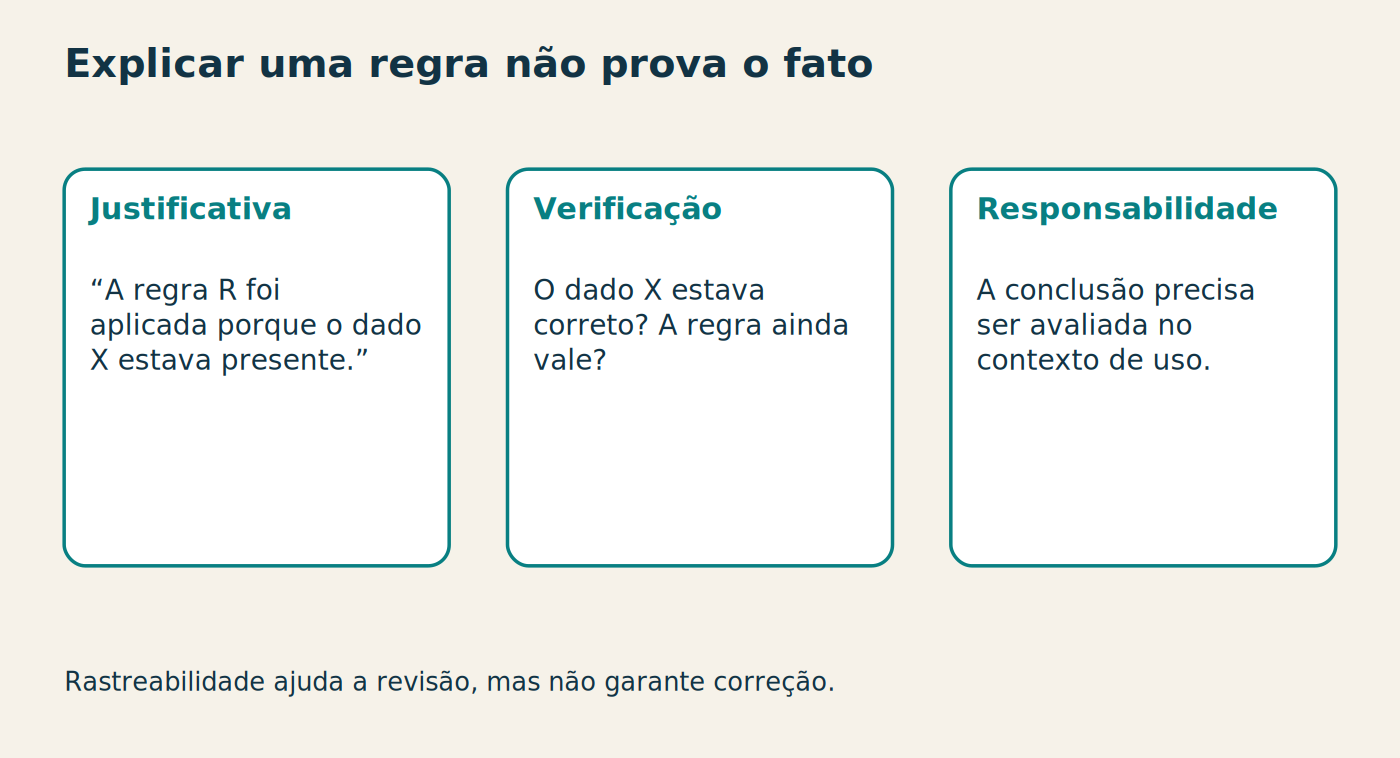 Explicar uma regra não prova o fato Justificativa “A regra R foi aplicada porque o dado X estava presente.” Verificação O dado X estava correto? A regra ainda vale? Responsabilidade A conclusão precisa ser avaliada no contexto de uso. Rastreabilidade ajuda a revisão, mas não garante correção.