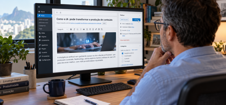 Homem acompanha a edição de um artigo em uma interface de publicação no monitor do computador.