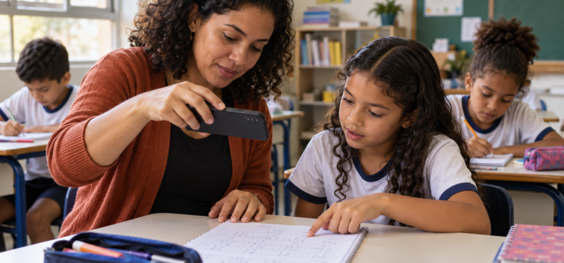 Professora fotografa uma atividade de matemática em papel enquanto uma aluna mostra seu raciocínio; outros alunos trabalham com lápis e caderno.