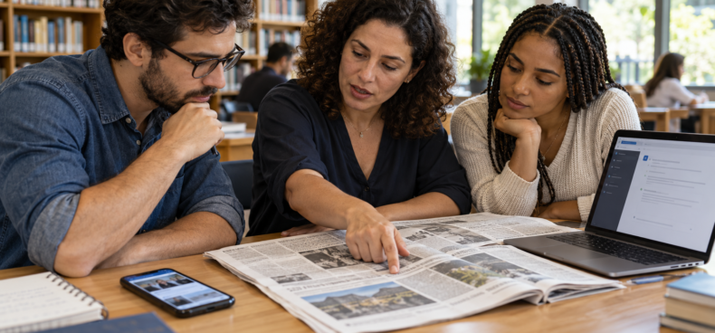 Três adultos comparam um jornal, um celular e uma resposta de IA no notebook, atentos à mulher que aponta uma informação.