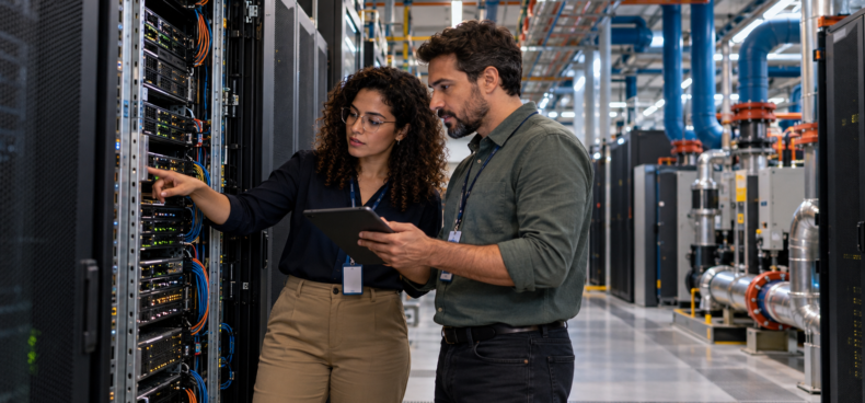 Dois profissionais analisam servidores e sistemas de refrigeração em um data center.