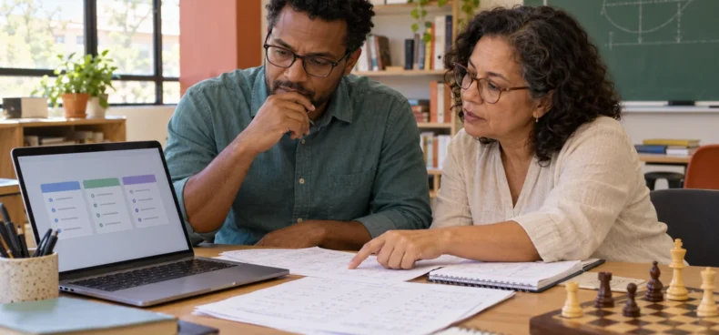 Capa conceitual gerada por IA: dois educadores brasileiros conferem exemplos de orientação diante de um laptop, com um tabuleiro de xadrez ao lado.